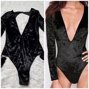 Victoria’s Secret Crushed Velvet Thong Black Open Back Bodysuit Size XS
